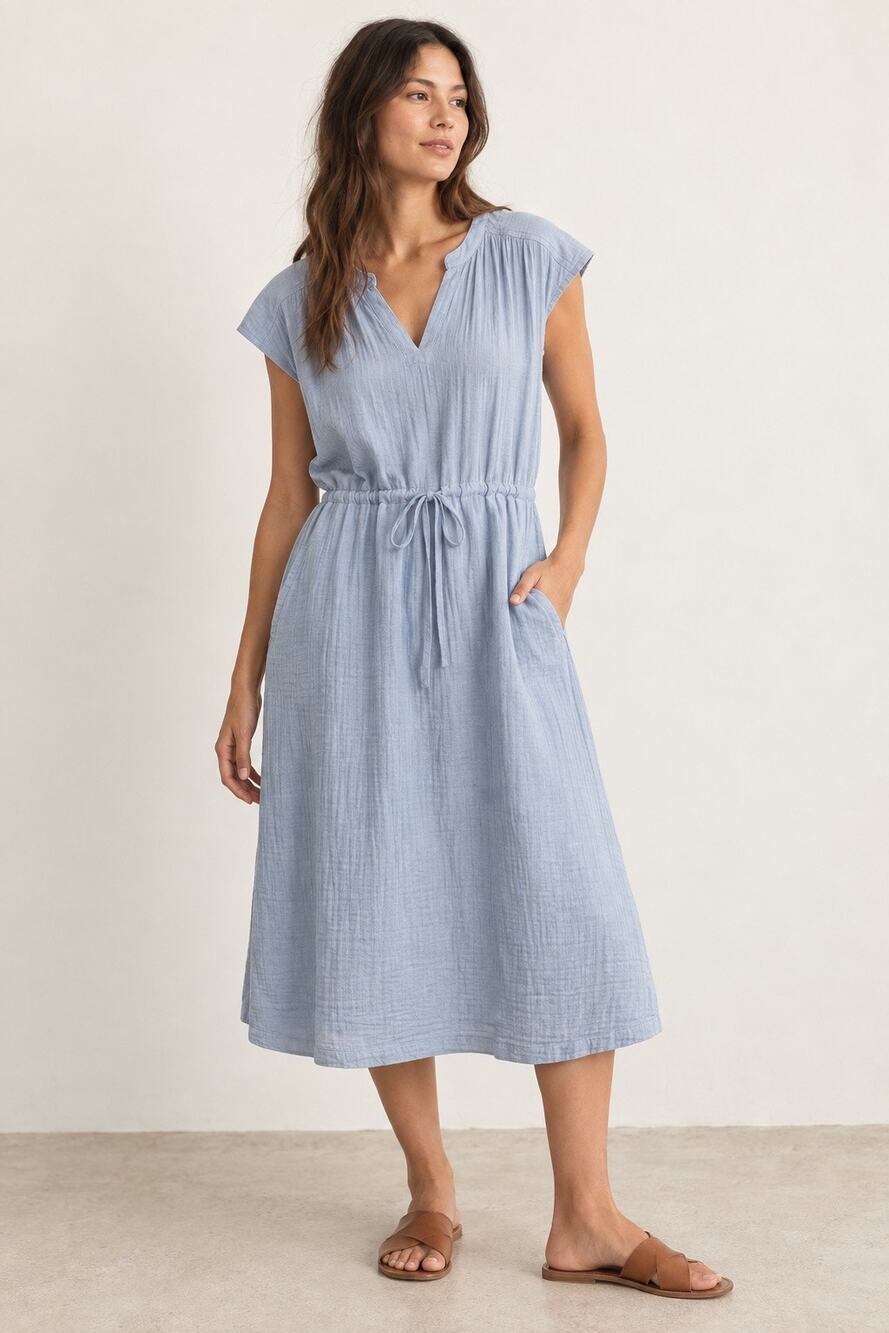 Pact Organic Cotton Coastal Double Gauze Tie Waist Midi Dress Blue Size XL